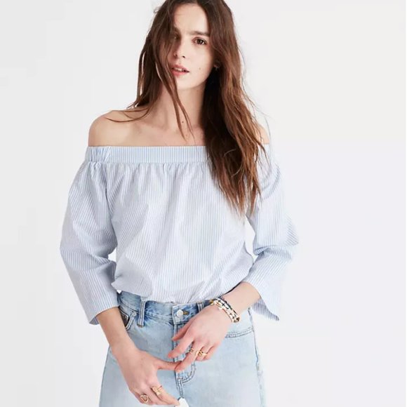 Madewell Clean Off The Shoulder Top Stripe White Blue Cotton Swing Blouse XS - Picture 1 of 13